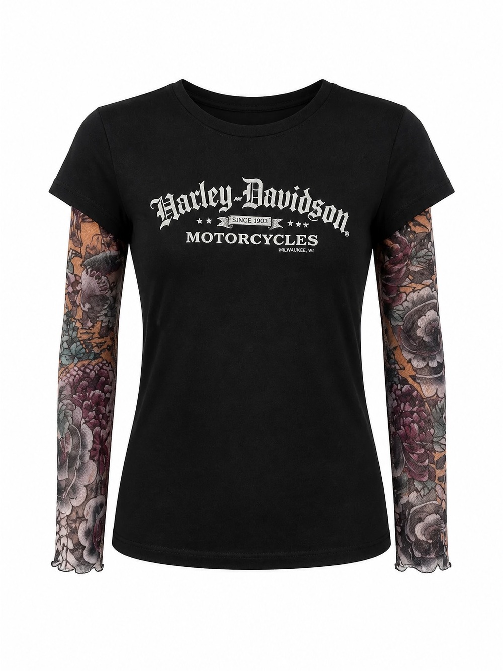 Harley-Davidson Black Tee with Tattoo-Print Sleeves